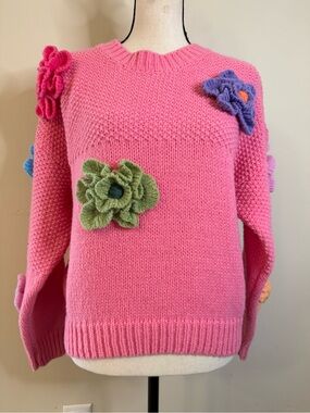 Preppy pink sweater 3D crochet floral embellishments LG